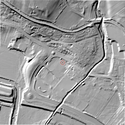 Shaded relief map of the ground around BD162EG, computed from Environment Agency LiDAR. The ground here sits at about 86 m above sea level and falls 45 m across the surrounding 800 m. Surface water reaching this point runs off ground lying to the east, 3.8 m higher.