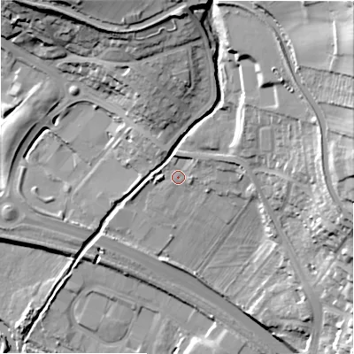 Shaded relief map of the ground around BD162ER, computed from Environment Agency LiDAR. The ground here sits at about 89 m above sea level and falls 52 m across the surrounding 800 m. Surface water reaching this point runs off ground lying to the east-north-east, 3.0 m higher.