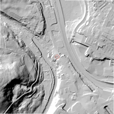 Shaded relief map of the ground around BD162JH, computed from Environment Agency LiDAR. The ground here sits at about 82 m above sea level and falls 89 m across the surrounding 800 m. Surface water reaching this point runs off ground lying to the south-east, 4.5 m higher.
