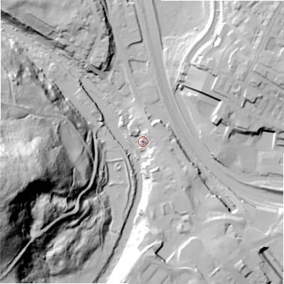 Shaded relief map of the ground around BD162JN, computed from Environment Agency LiDAR. The ground here sits at about 79 m above sea level and falls 89 m across the surrounding 800 m. Surface water reaching this point runs off ground lying to the east, 9.0 m higher.
