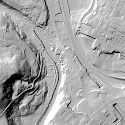 Shaded relief map of the ground around BD162JP, computed from Environment Agency LiDAR. The ground here sits at about 77 m above sea level and falls 88 m across the surrounding 800 m. Surface water reaching this point runs off ground lying to the east, 9.5 m higher.