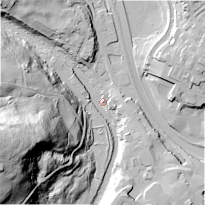 Shaded relief map of the ground around BD162JW, computed from Environment Agency LiDAR. The ground here sits at about 76 m above sea level and falls 93 m across the surrounding 800 m. Surface water reaching this point runs off ground lying to the west-south-west, 92.2 m higher.