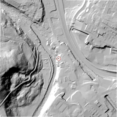 Shaded relief map of the ground around BD162LU, computed from Environment Agency LiDAR. The ground here sits at about 79 m above sea level and falls 87 m across the surrounding 800 m. Surface water reaching this point runs off ground lying to the east-north-east, 9.5 m higher.