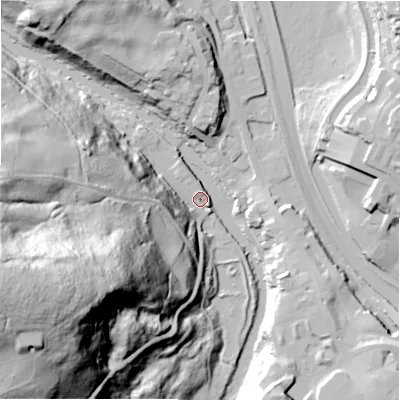 Shaded relief map of the ground around BD162QE, computed from Environment Agency LiDAR. The ground here sits at about 78 m above sea level and falls 96 m across the surrounding 800 m. Surface water reaching this point runs off ground lying to the west-south-west, 91.6 m higher.