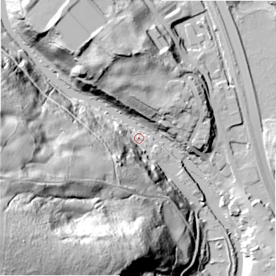 Shaded relief map of the ground around BD162QF, computed from Environment Agency LiDAR. The ground here sits at about 80 m above sea level and falls 104 m across the surrounding 800 m. Surface water reaching this point runs off ground lying to the south-west, 52.5 m higher.