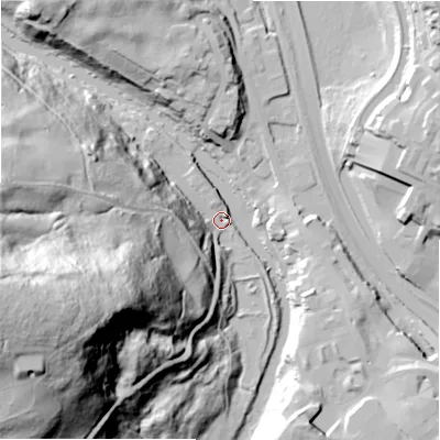 Shaded relief map of the ground around BD162QX, computed from Environment Agency LiDAR. The ground here sits at about 77 m above sea level and falls 96 m across the surrounding 800 m. Surface water reaching this point runs off ground lying to the west-south-west, 92.5 m higher.