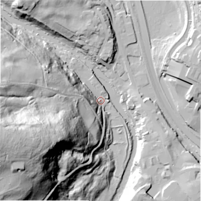 Shaded relief map of the ground around BD162QY, computed from Environment Agency LiDAR. The ground here sits at about 78 m above sea level and falls 96 m across the surrounding 800 m. Surface water reaching this point runs off ground lying to the west-south-west, 92.1 m higher.
