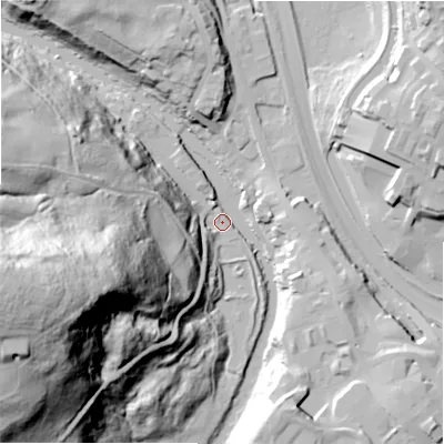 Shaded relief map of the ground around BD162RA, computed from Environment Agency LiDAR. The ground here sits at about 77 m above sea level and falls 94 m across the surrounding 800 m. Surface water reaching this point runs off ground lying to the west-south-west, 93.8 m higher.