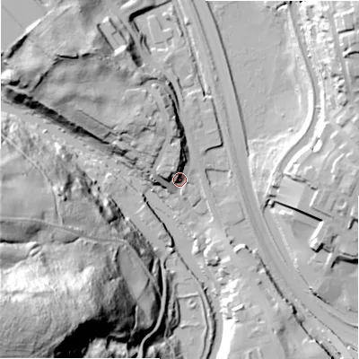 Shaded relief map of the ground around BD162RH, computed from Environment Agency LiDAR. The ground here sits at about 83 m above sea level and falls 94 m across the surrounding 800 m. Surface water reaching this point runs off ground lying to the north-north-west, 14.0 m higher.