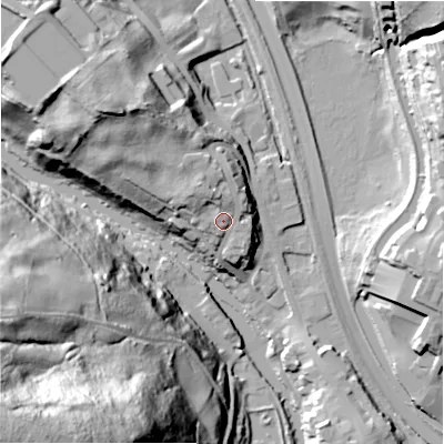 Shaded relief map of the ground around BD162RJ, computed from Environment Agency LiDAR. The ground here sits at about 91 m above sea level and falls 96 m across the surrounding 800 m. Surface water reaching this point runs off ground lying to the north-north-west, 6.6 m higher.