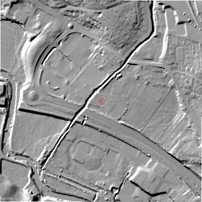 Shaded relief map of the ground around BD162UA, computed from Environment Agency LiDAR. The ground here sits at about 85 m above sea level and falls 32 m across the surrounding 800 m. Surface water reaching this point runs off ground lying to the south-west, 2.2 m higher.