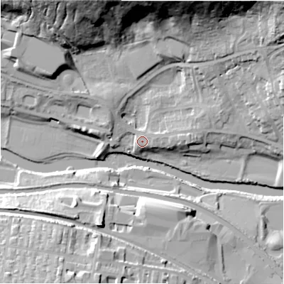 Shaded relief map of the ground around BD175AX, computed from Environment Agency LiDAR. The ground here sits at about 69 m above sea level and falls 40 m across the surrounding 800 m. Surface water reaching this point runs off ground lying to the east-north-east, 2.1 m higher.