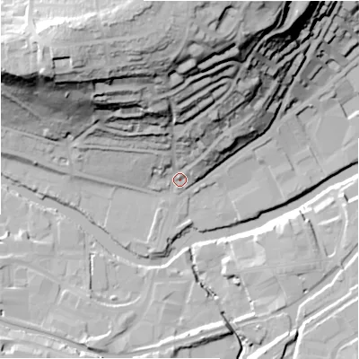 Shaded relief map of the ground around BD175AY, computed from Environment Agency LiDAR. The ground here sits at about 65 m above sea level and falls 63 m across the surrounding 800 m. Surface water reaching this point runs off ground lying to the north, 57.1 m higher.