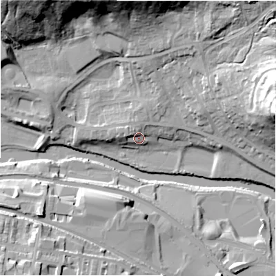 Shaded relief map of the ground around BD175HT, computed from Environment Agency LiDAR. The ground here sits at about 68 m above sea level and falls 42 m across the surrounding 800 m. Surface water reaching this point runs off ground lying to the north-west, 3.0 m higher.