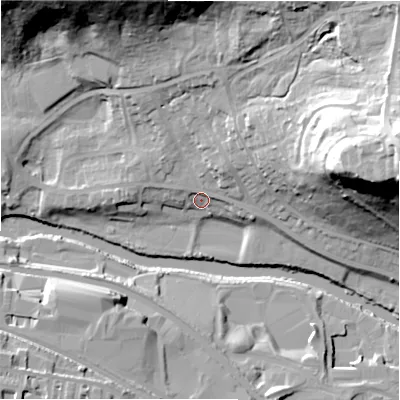 Shaded relief map of the ground around BD175HU, computed from Environment Agency LiDAR. The ground here sits at about 68 m above sea level and falls 54 m across the surrounding 800 m. Surface water reaching this point runs off ground lying to the east-north-east, 49.6 m higher.