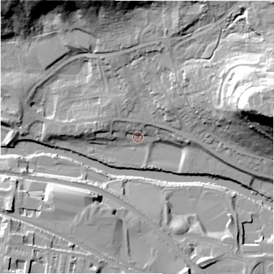 Shaded relief map of the ground around BD175HX, computed from Environment Agency LiDAR. The ground here sits at about 65 m above sea level and falls 50 m across the surrounding 800 m. Surface water reaching this point runs off ground lying to the north-north-west, 5.5 m higher.