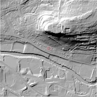 Shaded relief map of the ground around BD175JE, computed from Environment Agency LiDAR. The ground here sits at about 69 m above sea level and falls 62 m across the surrounding 800 m. Surface water reaching this point runs off ground lying to the north-north-east, 42.9 m higher.