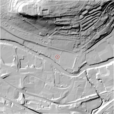Shaded relief map of the ground around BD175JH, computed from Environment Agency LiDAR. The ground here sits at about 62 m above sea level and falls 60 m across the surrounding 800 m. Surface water reaching this point runs off ground lying to the north-north-east, 56.6 m higher.