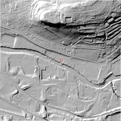 Shaded relief map of the ground around BD175JL, computed from Environment Agency LiDAR. The ground here sits at about 63 m above sea level and falls 62 m across the surrounding 800 m. Surface water reaching this point runs off ground lying to the north, 55.7 m higher.