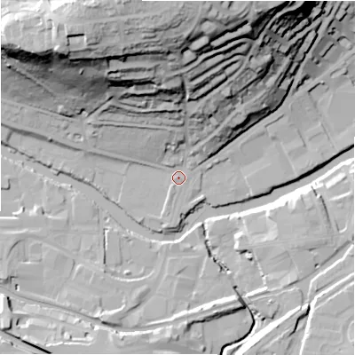 Shaded relief map of the ground around BD175JS, computed from Environment Agency LiDAR. The ground here sits at about 63 m above sea level and falls 61 m across the surrounding 800 m. Surface water reaching this point runs off ground lying to the north-north-west, 56.7 m higher.