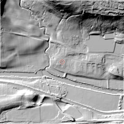 Shaded relief map of the ground around BD175SA, computed from Environment Agency LiDAR. The ground here sits at about 71 m above sea level and falls 62 m across the surrounding 800 m. Surface water reaching this point runs off ground lying to the west, 1.3 m higher.