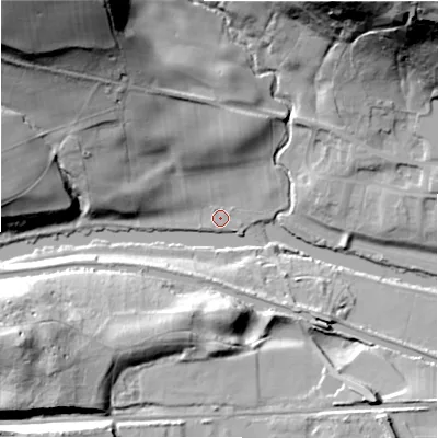 Shaded relief map of the ground around BD175SP, computed from Environment Agency LiDAR. The ground here sits at about 67 m above sea level and falls 56 m across the surrounding 800 m. Surface water reaching this point runs off ground lying to the north-west, 49.1 m higher.