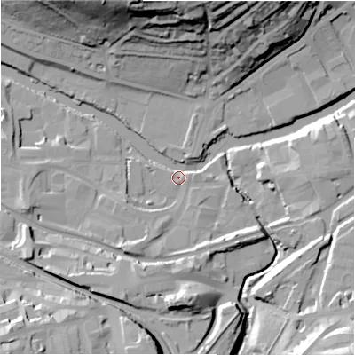 Shaded relief map of the ground around BD177AA, computed from Environment Agency LiDAR. The ground here sits at about 64 m above sea level and falls 42 m across the surrounding 800 m. Surface water reaching this point runs off ground lying to the south-south-west, 11.3 m higher.