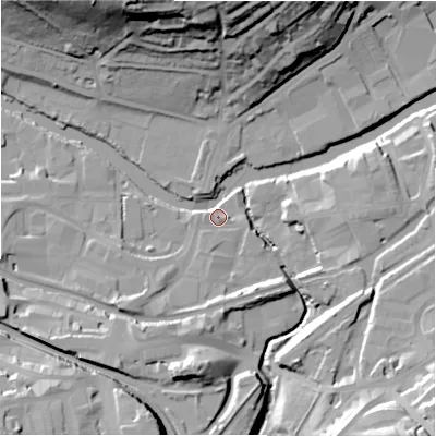 Shaded relief map of the ground around BD177AB, computed from Environment Agency LiDAR. The ground here sits at about 65 m above sea level and falls 42 m across the surrounding 800 m. Surface water reaching this point runs off ground lying to the south-west, 12.7 m higher.