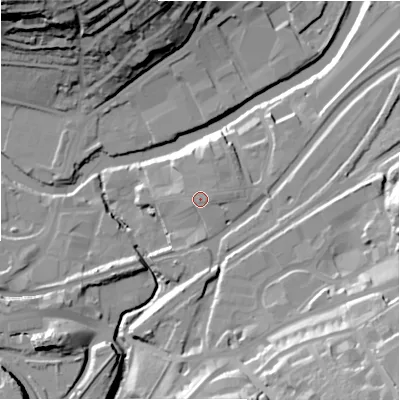 Shaded relief map of the ground around BD177AD, computed from Environment Agency LiDAR. The ground here sits at about 71 m above sea level and falls 43 m across the surrounding 800 m. Surface water reaching this point runs off ground lying to the east-north-east, 2.0 m higher.