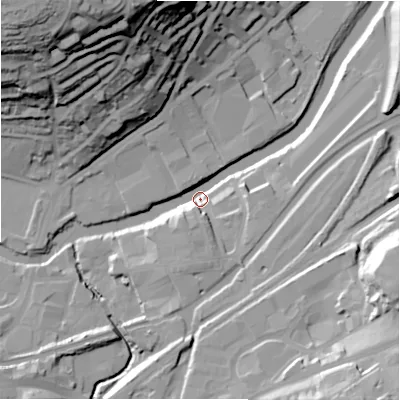 Shaded relief map of the ground around BD177AJ, computed from Environment Agency LiDAR. The ground here sits at about 62 m above sea level and falls 61 m across the surrounding 800 m. Surface water reaching this point runs off ground lying to the north-north-west, 57.6 m higher.