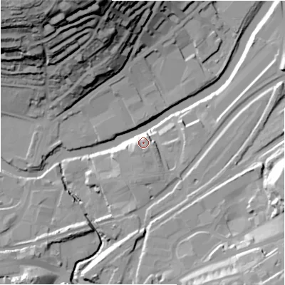 Shaded relief map of the ground around BD177AN, computed from Environment Agency LiDAR. The ground here sits at about 69 m above sea level and falls 59 m across the surrounding 800 m. Surface water reaching this point runs off ground lying to the south, 5.0 m higher.