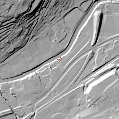 Shaded relief map of the ground around BD177AP, computed from Environment Agency LiDAR. The ground here sits at about 66 m above sea level and falls 65 m across the surrounding 800 m. Surface water reaching this point runs off ground lying to the north-north-west, 61.2 m higher.