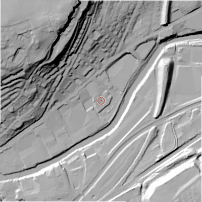 Shaded relief map of the ground around BD177AU, computed from Environment Agency LiDAR. The ground here sits at about 63 m above sea level and falls 70 m across the surrounding 800 m. Surface water reaching this point runs off ground lying to the west-north-west, 1.4 m higher.