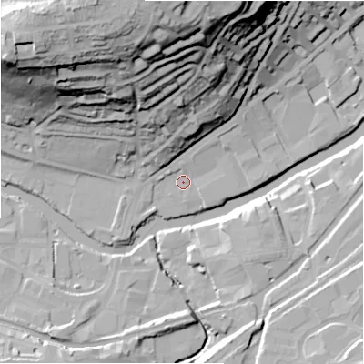 Shaded relief map of the ground around BD177AZ, computed from Environment Agency LiDAR. The ground here sits at about 62 m above sea level and falls 62 m across the surrounding 800 m. Surface water reaching this point runs off ground lying to the north-east, 3.6 m higher.