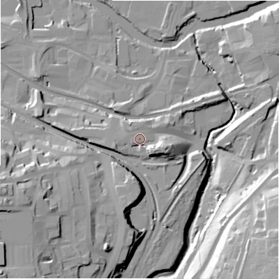 Shaded relief map of the ground around BD177BP, computed from Environment Agency LiDAR. The ground here sits at about 76 m above sea level and falls 43 m across the surrounding 800 m. Surface water reaching this point runs off ground lying to the south-east, 10.7 m higher.