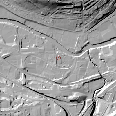 Shaded relief map of the ground around BD177BS, computed from Environment Agency LiDAR. The ground here sits at about 65 m above sea level and falls 43 m across the surrounding 800 m. Surface water reaching this point runs off ground lying to the south-south-west, 4.1 m higher.