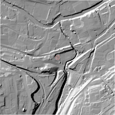 Shaded relief map of the ground around BD177BT, computed from Environment Agency LiDAR. The ground here sits at about 67 m above sea level and falls 47 m across the surrounding 800 m. Surface water reaching this point runs off ground lying to the west-south-west, 7.3 m higher.