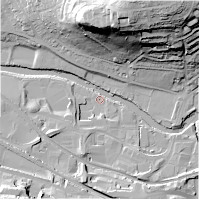 Shaded relief map of the ground around BD177DD, computed from Environment Agency LiDAR. The ground here sits at about 63 m above sea level and falls 59 m across the surrounding 800 m. Surface water reaching this point runs off ground lying to the south-south-east, 11.4 m higher.