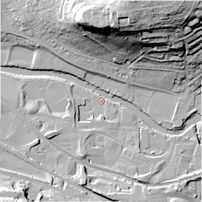 Shaded relief map of the ground around BD177DF, computed from Environment Agency LiDAR. The ground here sits at about 64 m above sea level and falls 59 m across the surrounding 800 m. Surface water reaching this point runs off ground lying to the south-south-east, 11.4 m higher.