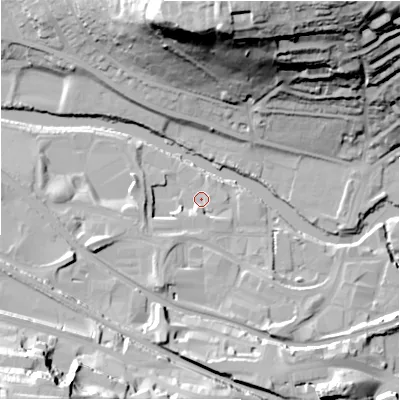 Shaded relief map of the ground around BD177DG, computed from Environment Agency LiDAR. The ground here sits at about 64 m above sea level and falls 57 m across the surrounding 800 m. Surface water reaching this point runs off ground lying to the west-south-west, 9.9 m higher.