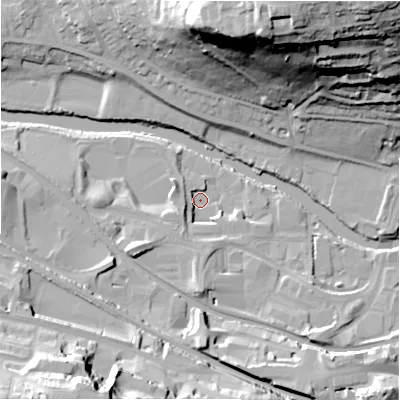 Shaded relief map of the ground around BD177EA, computed from Environment Agency LiDAR. The ground here sits at about 63 m above sea level and falls 57 m across the surrounding 800 m. Surface water reaching this point runs off ground lying to the south-west, 10.3 m higher.