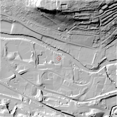 Shaded relief map of the ground around BD177EB, computed from Environment Agency LiDAR. The ground here sits at about 64 m above sea level and falls 57 m across the surrounding 800 m. Surface water reaching this point runs off ground lying to the south-south-west, 3.0 m higher.