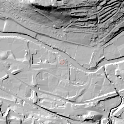 Shaded relief map of the ground around BD177ED, computed from Environment Agency LiDAR. The ground here sits at about 64 m above sea level and falls 57 m across the surrounding 800 m. Surface water reaching this point runs off ground lying to the west-south-west, 2.1 m higher.
