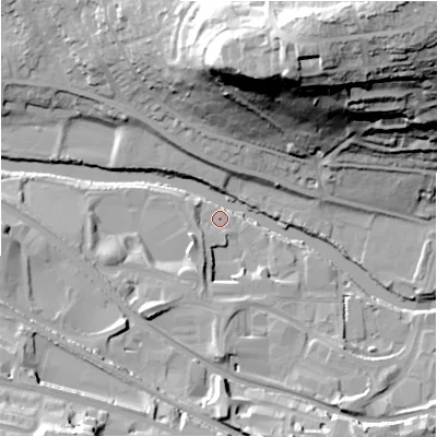 Shaded relief map of the ground around BD177EE, computed from Environment Agency LiDAR. The ground here sits at about 63 m above sea level and falls 61 m across the surrounding 800 m. Surface water reaching this point runs off ground lying to the south-west, 12.1 m higher.