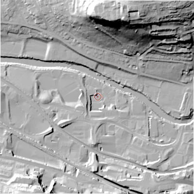 Shaded relief map of the ground around BD177EF, computed from Environment Agency LiDAR. The ground here sits at about 63 m above sea level and falls 57 m across the surrounding 800 m. Surface water reaching this point runs off ground lying to the south-west, 10.3 m higher.