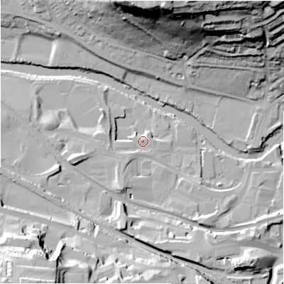 Shaded relief map of the ground around BD177EG, computed from Environment Agency LiDAR. The ground here sits at about 66 m above sea level and falls 55 m across the surrounding 800 m. Surface water reaching this point runs off ground lying to the west-south-west, 7.3 m higher.