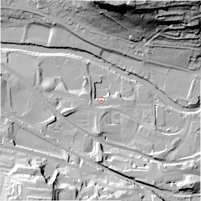 Shaded relief map of the ground around BD177EJ, computed from Environment Agency LiDAR. The ground here sits at about 66 m above sea level and falls 54 m across the surrounding 800 m. Surface water reaching this point runs off ground lying to the west-south-west, 6.9 m higher.