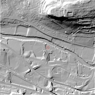 Shaded relief map of the ground around BD177EN, computed from Environment Agency LiDAR. The ground here sits at about 64 m above sea level and falls 60 m across the surrounding 800 m. Surface water reaching this point runs off ground lying to the south, 5.6 m higher.
