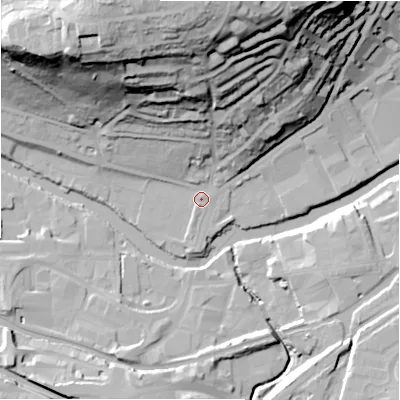 Shaded relief map of the ground around BD177EP, computed from Environment Agency LiDAR. The ground here sits at about 63 m above sea level and falls 60 m across the surrounding 800 m. Surface water reaching this point runs off ground lying to the north, 56.5 m higher.