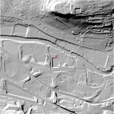Shaded relief map of the ground around BD177ET, computed from Environment Agency LiDAR. The ground here sits at about 63 m above sea level and falls 58 m across the surrounding 800 m. Surface water reaching this point runs off ground lying to the south-west, 10.3 m higher.